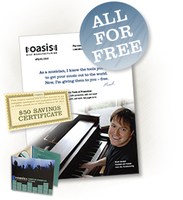 $50 off any complete Oasis project, good through June 30. Our Brand-New, Award-Winning Oasis CD/DVD Catalog, our Radio Broadcast CD, Exclusive, up-to-the-minute Samples of Oasis Eco-packaging that you won't see anywhere else, and a free tutorial disc: 